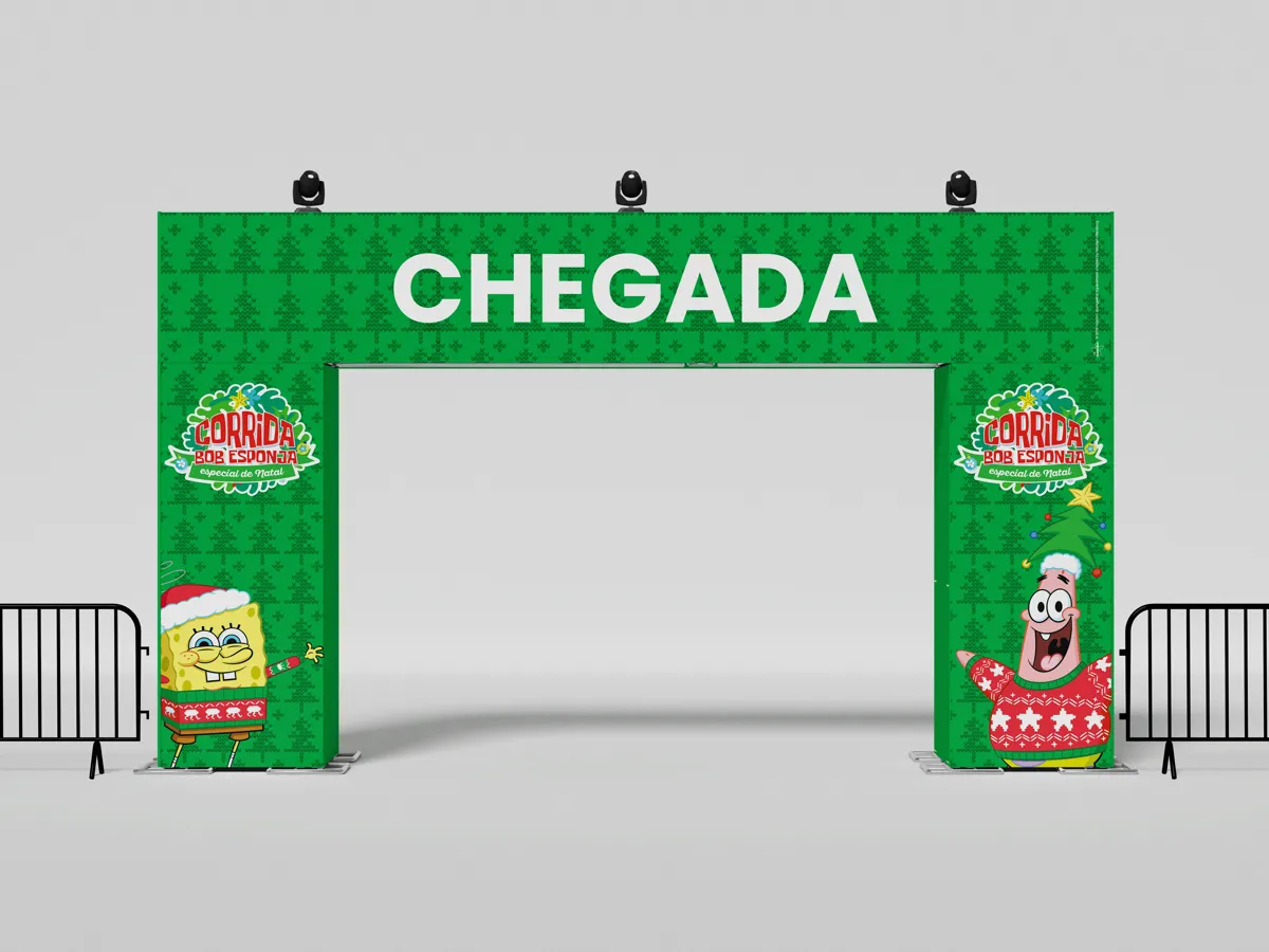 Pórtico de chegada verde com Bob Esponja e Patrick