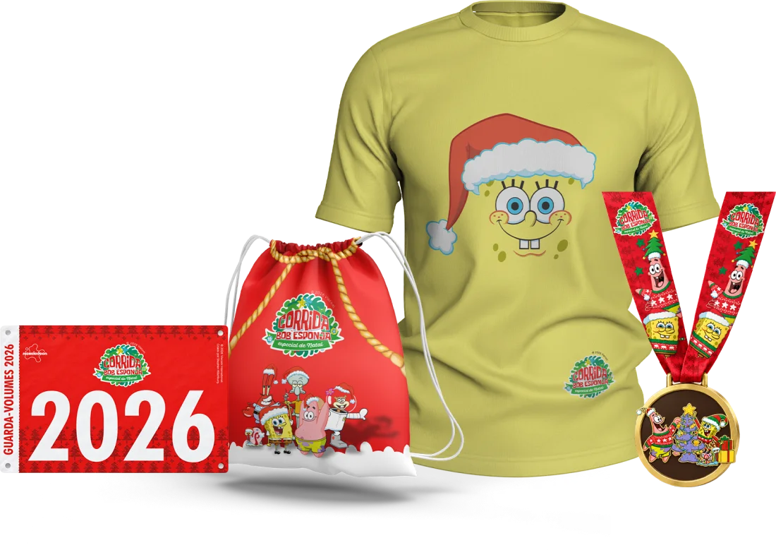 Kit Bob Esponja: camisa personalizada, sacochila, número de peito e medalha